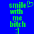 Green pixelated text on blue background with heart symbol above 'smile' in left view, identical text without heart in right view.