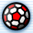 Pixelated soccer ball with black, white, and red sections on a light blue striped background.