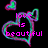 Animated heart-shaped icon with neon outline and pixelated text reading 'love is beautiful', 'just like you'