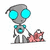 Pixelated cartoon characters and text on a split background with blue, white, and gray sections.