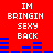 Red background with white pixelated text reading "IM BRINGIN SEXY BACK" and blue horizontal bars changing position across frames.