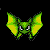 Pixelated green and yellow insect-like creature with large eyes, winged body, and segmented limbs against black background.