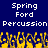 Blue background with white pixelated text reading "Spring Ford" twice and "Percussion" twice, above a yellow pixelated pattern resembling flames or abstract shapes.