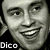 Pixelated grayscale image of a smiling face with visible teeth, featuring a black triangular shape on the left side and the text 'Dico' in white pixelated font at the bottom left.