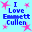 Light blue background with pink star shapes and repeated text "I Love Emmett Cullen" in bold blue letters.