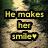 A pixelated image with yellow text on a stone path background, showing two states: one with text about making someone smile and another with 'Really smile' and 'Awile' text.