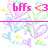 Pixelated icon with pink text 'bFFs <3' on top left and 'o.d.l.a.s. e.f.n.m.m.' on top right, surrounded by pastel swirls and small yellow dots.