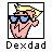 Pixel art icon of a pink cartoon character with blonde hair and blue sunglasses making a peace sign, below which is the text "Dexdad" in pixelated font.
