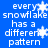 Blue background with white pixelated text reading 'every snowflake has a different pattern' repeated in four sections, each containing a distinct snowflake symbol.
