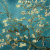 A static image of a blue-toned painting featuring white and yellow flowers on brown branches against a textured blue background.