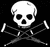 Pixelated skull with black eye sockets and nasal cavity crossed by two bones on a solid black background.