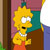 Pixelated cartoon character with yellow hair, white eyes, black mouth, and orange dress standing near a brown door frame.