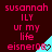 Pixelated text in pink and cyan on dark red background with repeated phrases and heart symbols.