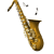 Animated sequence of a golden saxophone with musical notes floating upward from its bell against white background.