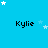 Blue background with repeated 'Kylie' text and scattered white stars in pixelated style.