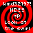 Red and black spiral background with white text reading 'kmd32197!', 'HI!!!!!', '=P', 'Look at the swirl' in four repeated quadrants.
