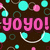 Pixelated image with pink text 'YOYO!' on dark brown background, surrounded by cyan and pink circles and curved lines.