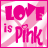 Animated contact sheet of a pink-themed buddy icon with "LOVE is PINK" text and heart symbols, displayed in 5 frames across a 3x2 grid layout.