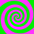 Four spirals in alternating green and pink colors arranged in a on a solid background