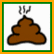 Brown poop emoji with smoke above it on white background, next to blue with orange text 'hey there u' in pixelated font