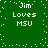 Green background with white pixelated text reading "Jim Loves MSU" arranged in four quadrants, surrounded by scattered white dots.