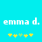 Pixelated text 'emma d.' repeated twice on cyan background with yellow and green star-like symbols below each instance.