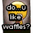 Animated icon with yellow cartoon character displaying text variations about waffles, pancakes, and French toast across six