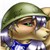Pixelated character wearing olive-green military helmet, blue shirt, and purple glasses with white frames, holding a light-colored object near the face.