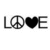 A pixelated black-and-white graphic spelling 'LOVE' with the O replaced by a peace symbol and the V replaced by a heart symbol.