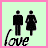 Two black silhouettes of a man and woman stand side-by-side on a light green background with pink border; the word 'love' appears below in stylized text.