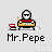 Pixel art animation of a character at a desk with text "Mr. Pepe" below, showing head movements and small motion effects.