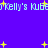 Pixelated text 'Kelly's Kube' repeats across a purple background with scattered yellow stars, rendered in retro 8-bit style.