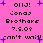 Pixelated text on pink background with purple stars, displaying 'OMJ! Jonas Brothers 7.8.03 can't wait!' in two identical vertical