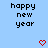 Pixelated text 'happy new year' in black on light blue background with two red heart icons below.