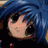 A 48x48 pixel buddy icon featuring a blue-haired anime character on the left and stylized text on the right against a black background.