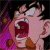 Pixelated image of a character with dark hair, wide eyes, and an open mouth showing teeth, set against a dark background with purple and brown elements.