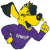 Pixelated yellow cartoon character with black ears and nose, wearing purple pants with white text, giving a thumbs-up gesture.
