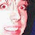 Pixelated close-up of a person with light skin tone holding a white object near their face, set against a dark background with pink and white tones.