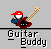 Pixel art character with red cap and blue shirt plays dark red electric guitar against gray background, text "Guitar Buddy" below.
