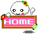 Pixel art of a white skull with black eyes and red cheeks holding a pink 'HOME' sign, adorned with flowers on the frame.