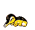 Pixelated yellow and black creature with closed eyes, curled body, and flame-like yellow-orange spikes on its back, shown in three sequential states of increasing flame size.