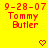 Yellow background with red text reading '9-28-07 Tommy Butler' and pixelated heart symbols in various positions across the