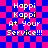 Pixelated text 'Happi Kappi At Your Service!!!' on a blue and pink checkered background with visible pixelation.