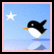 Pixelated penguin with black and white body, orange beak, and blue background featuring a star reflection.