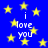 Blue background with yellow stars and repeated white text 'i love you' in pixelated font.