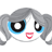 Pixelated cartoon face with gray hair, blue eyes, and pink mouth on white background.