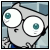 Pixelated cartoon character with large white eyes and teal pupils against a light blue background, framed by black border.