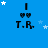 Blue background with white stars, black vertical line above two hearts and 'T.R.' text in pixelated font.