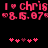 Pixelated pink text and heart symbols on black background, repeating 'I ❤️ chris' with date '8.15.07' below in two of five hearts each