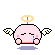 Pixelated pink character with angel wings and halo, closed eyes, tears, and a blue shadow on gray background.